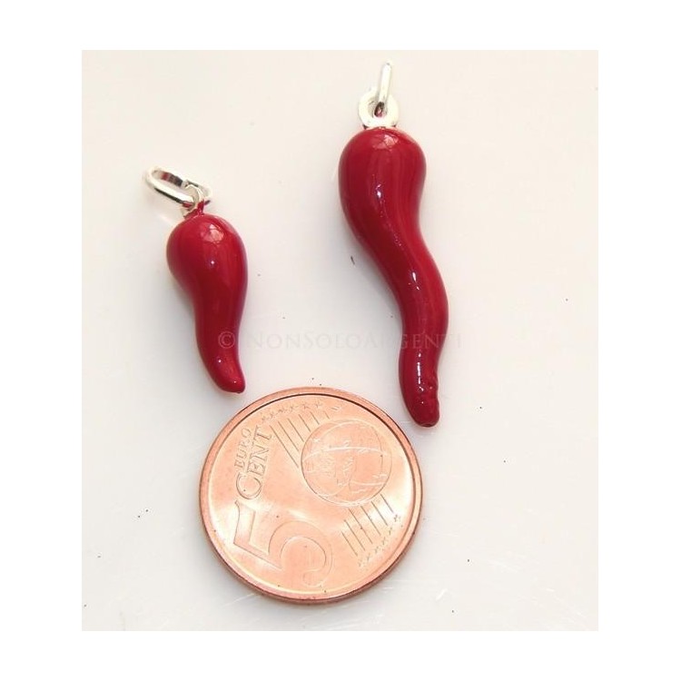 NSA|Ciondolo Argento 925 : Amuleto corno cornetto rosso - charme medio o grande