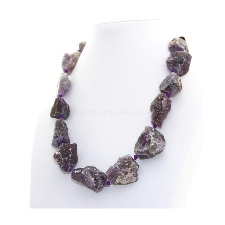 NSA|Girocollo da Donna con perle grandi non burattate grezze di ametista naturale chiusura acciaio