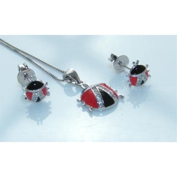 NSA|Argento 925 : Parure coccinelle coccinella orecchini catena pendente con zirconi e smalto rosso nero