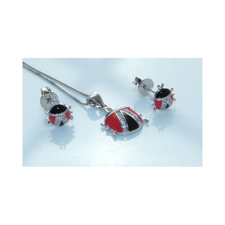 NSA|Argento 925 : Parure coccinelle coccinella orecchini catena pendente con zirconi e smalto rosso nero