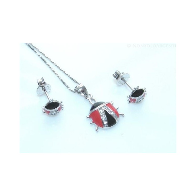 NSA|Argento 925 : Parure coccinelle coccinella orecchini catena pendente con zirconi e smalto rosso nero