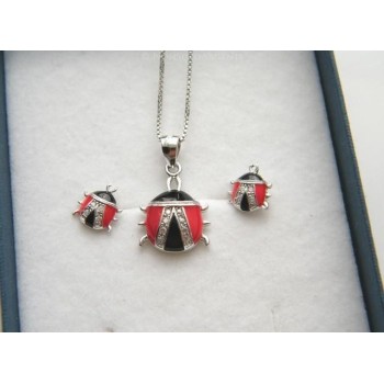 NSA|Argento 925 : Parure coccinelle coccinella orecchini catena pendente con zirconi e smalto rosso nero