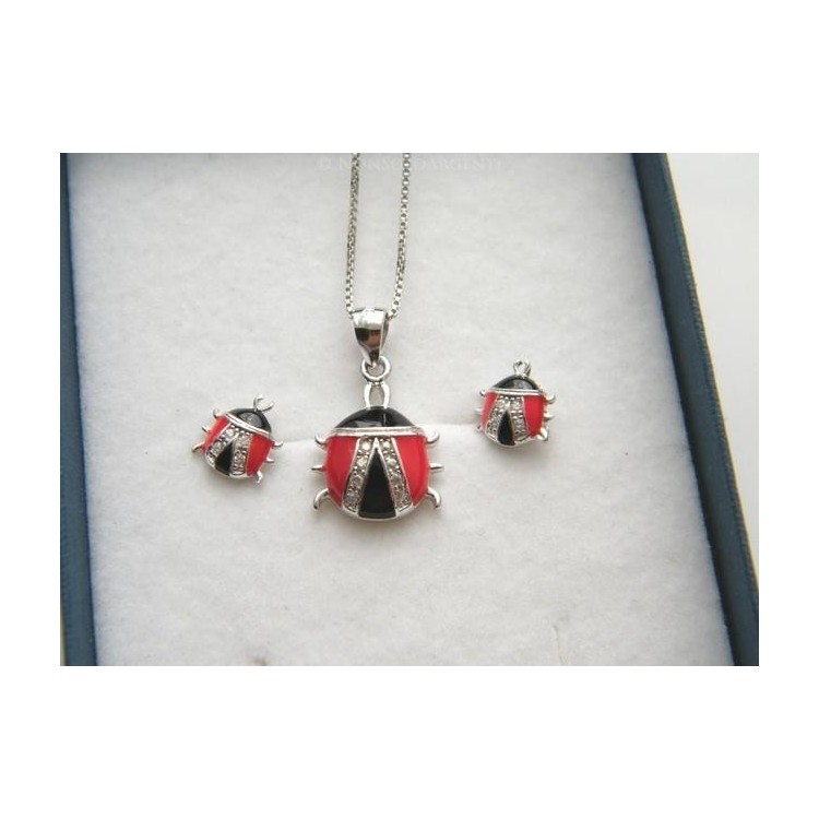 NSA|Argento 925 : Parure coccinelle coccinella orecchini catena pendente con zirconi e smalto rosso nero