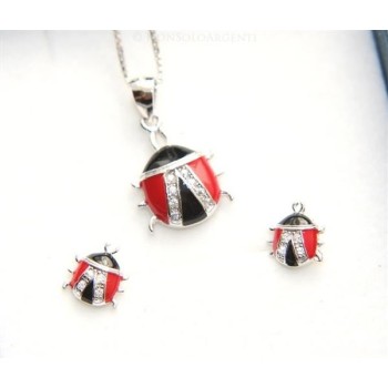 NSA|Argento 925 : Parure coccinelle coccinella orecchini catena pendente con zirconi e smalto rosso nero