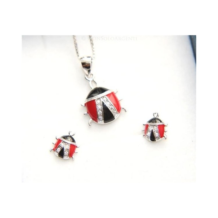 NSA|Argento 925 : Parure coccinelle coccinella orecchini catena pendente con zirconi e smalto rosso nero