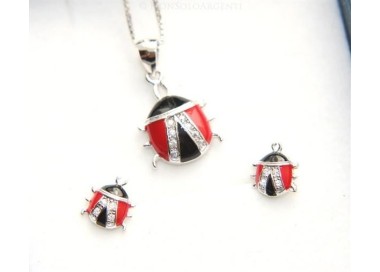 NSA|Argento 925 : Parure coccinelle coccinella orecchini catena pendente con zirconi e smalto rosso nero
