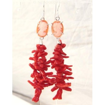NSA|Orecchini in Argento 925 e pioggia di rametti di Corallo naturale con profilo di donna su cammeo