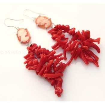NSA|Orecchini in Argento 925 e pioggia di rametti di Corallo naturale con profilo di donna su cammeo