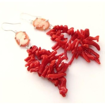 NSA|Orecchini in Argento 925 e pioggia di rametti di Corallo naturale con profilo di donna su cammeo