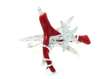 NSA|anello argento 925 corallo naturale stella e stella marina rosso