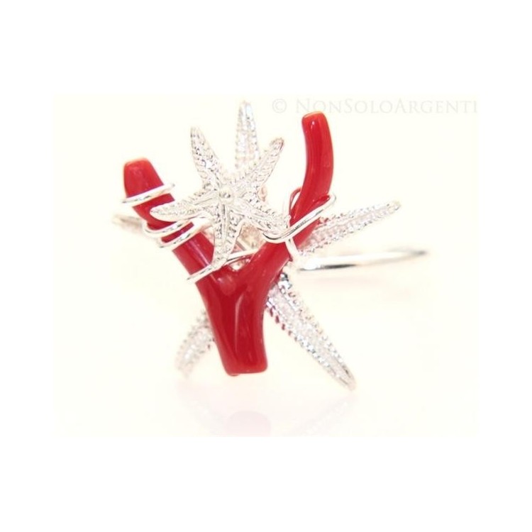 NSA|Argento 925 : Anello donna regolabile realizzato a mano con rametto di Corallo Naturale