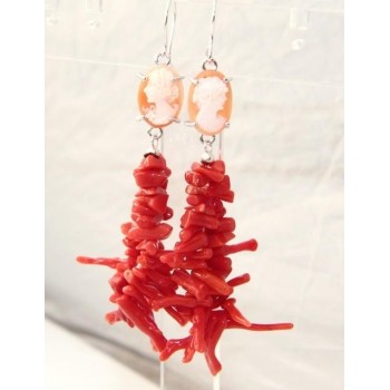 NSA|Orecchini in Argento 925 e pioggia di rametti di Corallo naturale con profilo di donna su cammeo