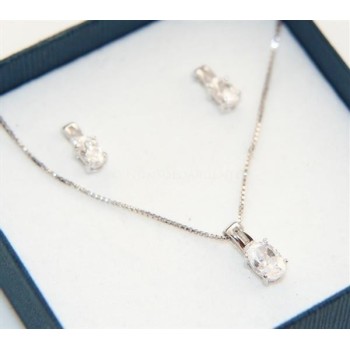 NSA|Argento 925 : Parure punto luce con zircone a brillante ovale. Catena veneziana ciondolo e Orecchini abbinati