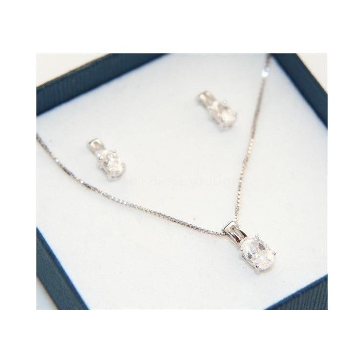 NSA|Argento 925 : Parure punto luce con zircone a brillante ovale. Catena veneziana ciondolo e Orecchini abbinati