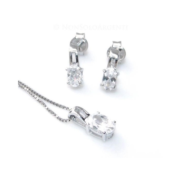 NSA|Argento 925 : Parure punto luce con zircone a brillante ovale. Catena veneziana ciondolo e Orecchini abbinati