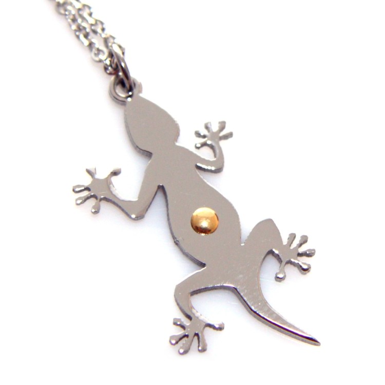 NSA|steel necklace pendant gecko lizard point gold gilded