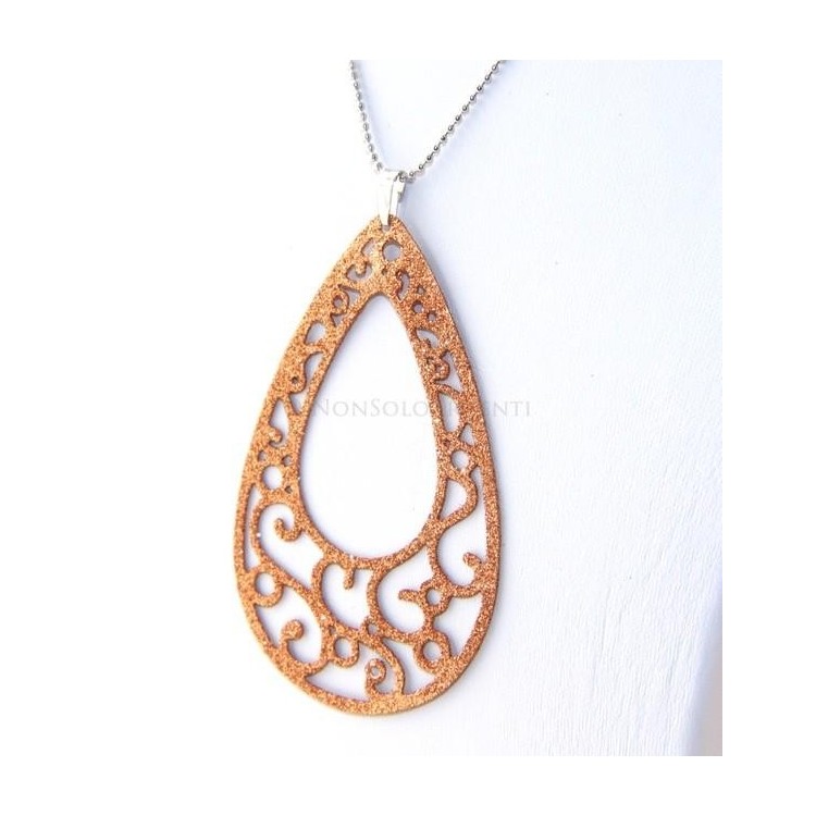 NSA|Argento 925 Italiano : Pendente goccia taglio laser 8x5 cm trattamento glitter ORO