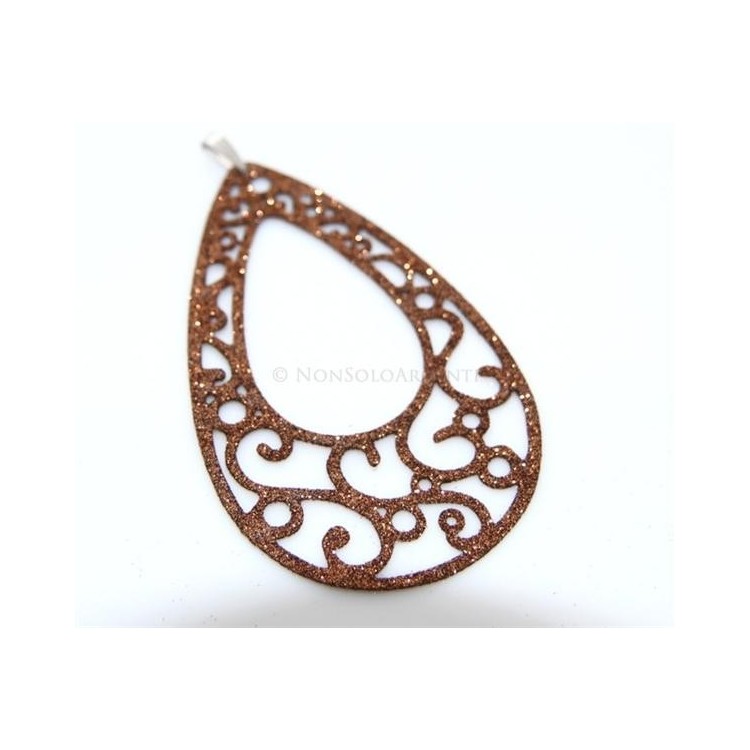 NSA|Argento 925 Italiano : Pendente goccia taglio laser 8x5 cm trattamento glitter bronzo