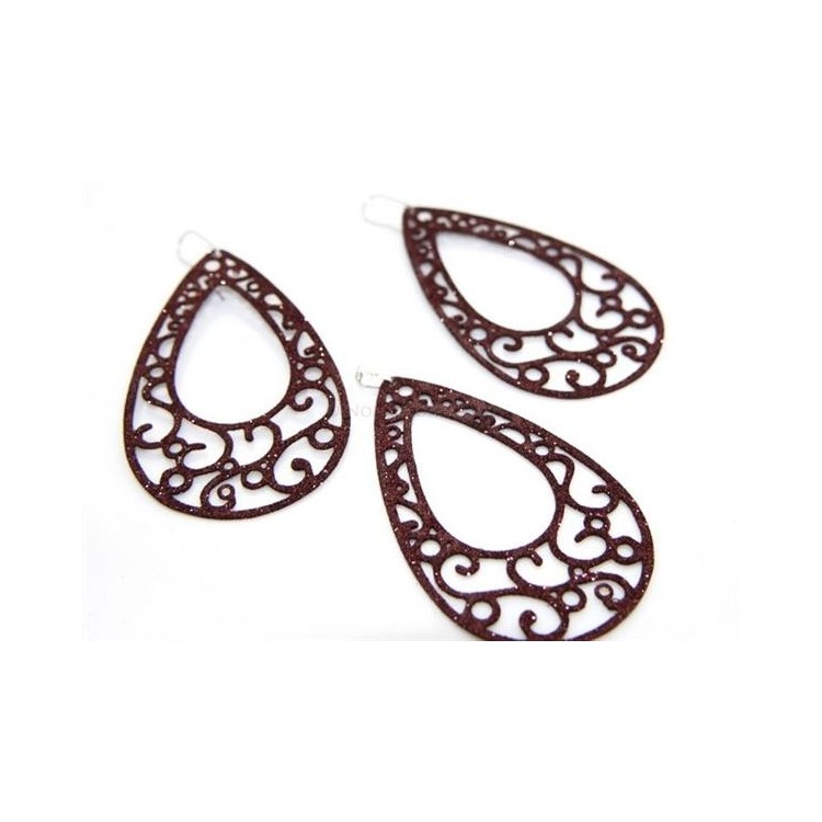 NSA|Argento 925 Italiano : Pendente goccia taglio laser 8x5 cm trattamento glitter marrone bruciato