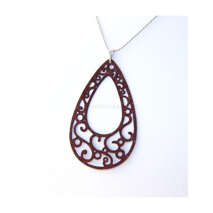 NSA|Argento 925 Italiano : Pendente goccia taglio laser 8x5 cm trattamento glitter marrone bruciato