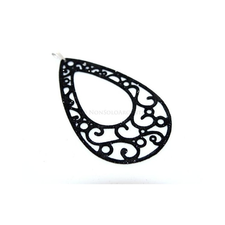 NSA|Argento 925 Italiano : Pendente goccia taglio laser 8x5 cm trattamento glitter nero