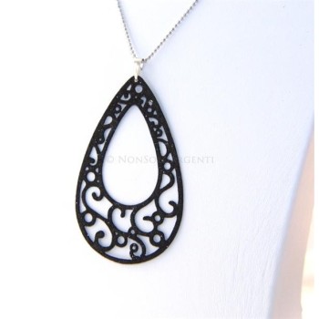 NSA|Argento 925 Italiano : Pendente goccia taglio laser 8x5 cm trattamento glitter nero