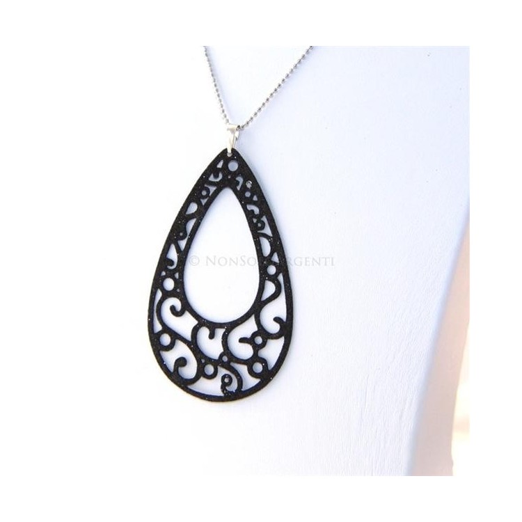 NSA|Argento 925 Italiano : Pendente goccia taglio laser 8x5 cm trattamento glitter nero