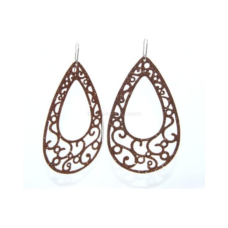 NSA|Argento 925 Italiano : Orecchini goccia taglio laser 8x5 cm trattamento glitter Bronzo