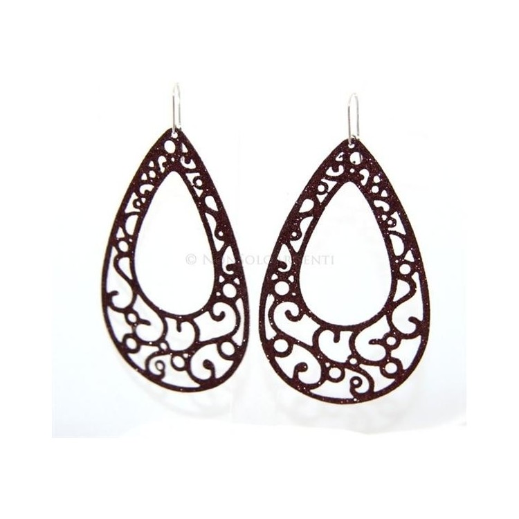 NSA|Argento 925 Italiano : Orecchini goccia taglio laser 8x5 cm trattamento glitter Marrone bruciato