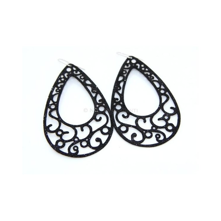 NSA|Argento 925 Italiano : Orecchini goccia taglio laser 8x5 cm trattamento glitter Nero