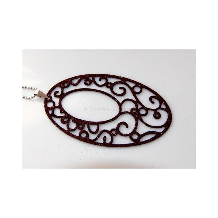 NSA|Argento 925 Italiano : Pendente ovale taglio laser 8x5 cm trattamento glitter Marrone bruciato