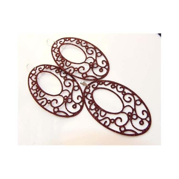 NSA|Argento 925 Italiano : Pendente ovale taglio laser 8x5 cm trattamento glitter Marrone bruciato