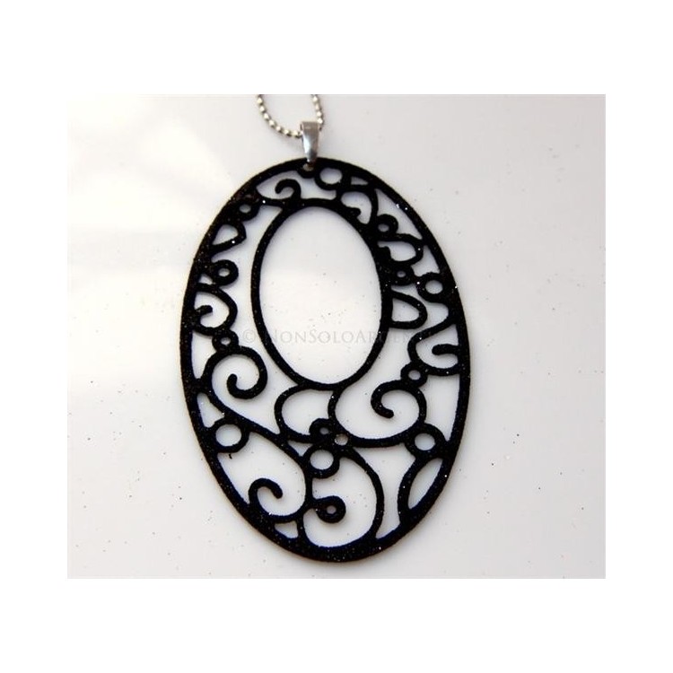 NSA|Argento 925 Italiano : Pendente ovale taglio laser 8x5 cm trattamento glitter nero