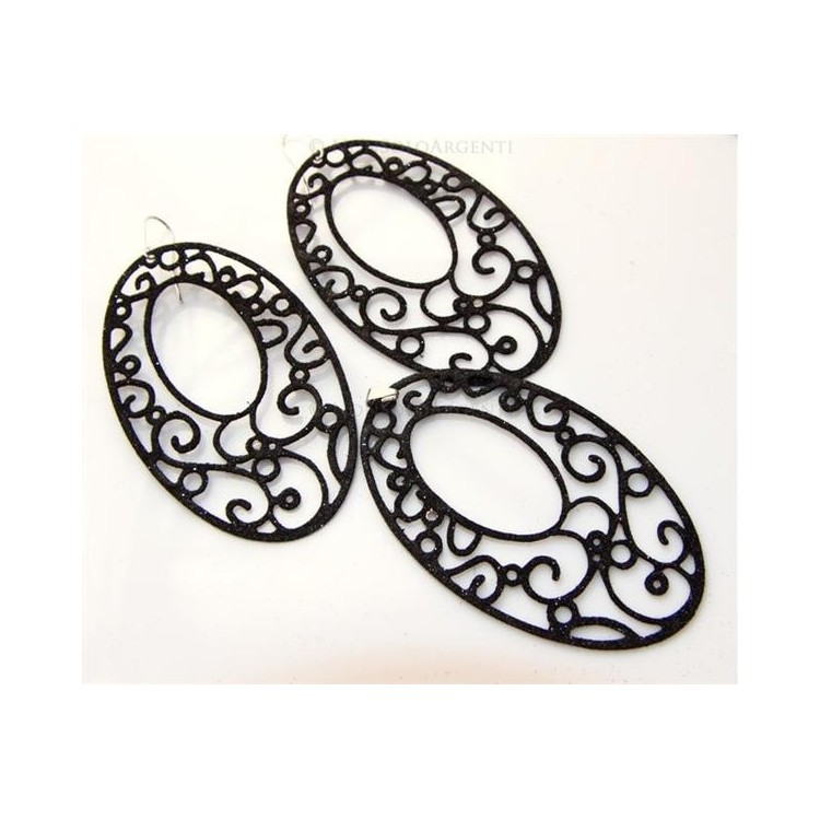 NSA|Argento 925 Italiano : Pendente ovale taglio laser 8x5 cm trattamento glitter nero