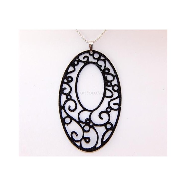 NSA|Argento 925 Italiano : Pendente ovale taglio laser 8x5 cm trattamento glitter nero
