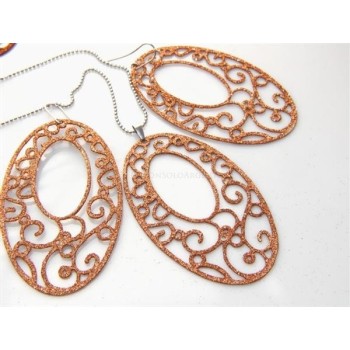 NSA|Argento 925 Italiano : Pendente ovale taglio laser 8x5 cm trattamento glitter oro