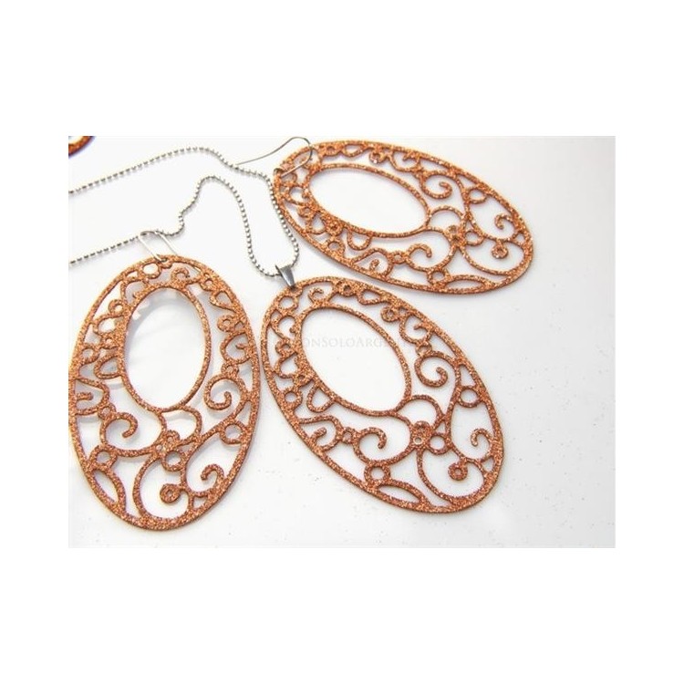 NSA|Argento 925 Italiano : Pendente ovale taglio laser 8x5 cm trattamento glitter oro