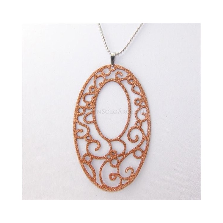NSA|Argento 925 Italiano : Pendente ovale taglio laser 8x5 cm trattamento glitter oro