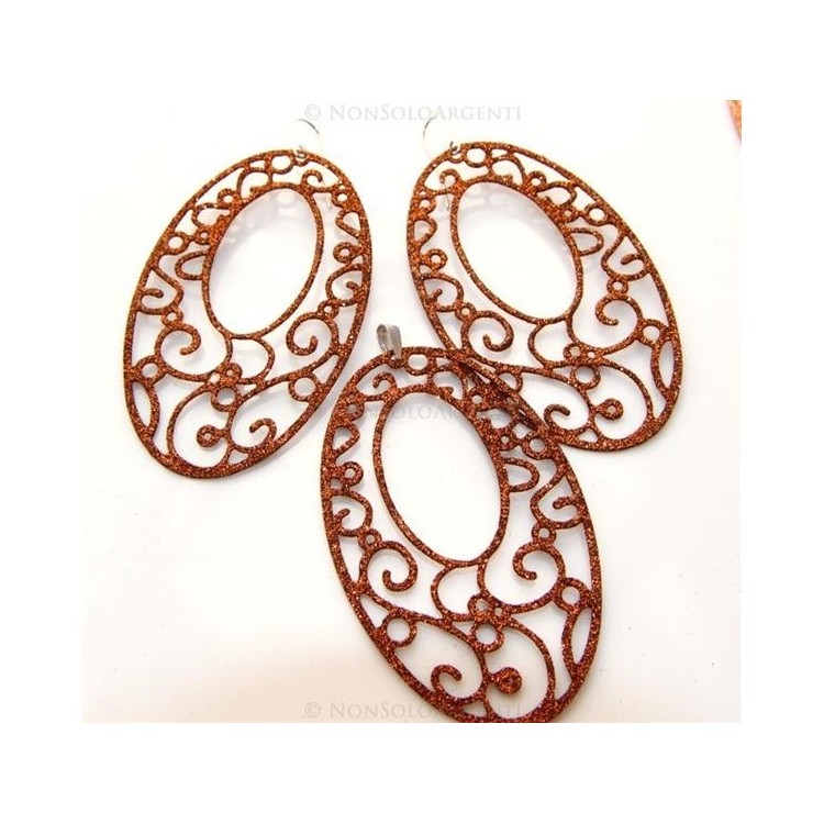 NSA|Argento 925 Italiano : Orecchini ovali taglio laser 8x5 cm trattamento glitter bronzo