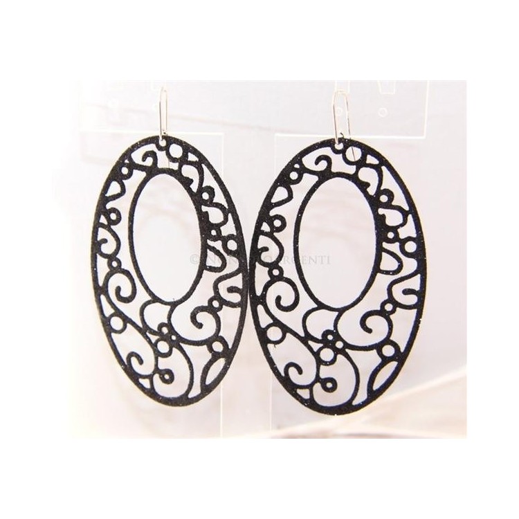 NSA|Argento 925 Italiano : Orecchini ovali taglio laser 8x5 cm trattamento glitter Nero