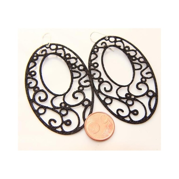 NSA|Argento 925 Italiano : Orecchini ovali taglio laser 8x5 cm trattamento glitter Nero