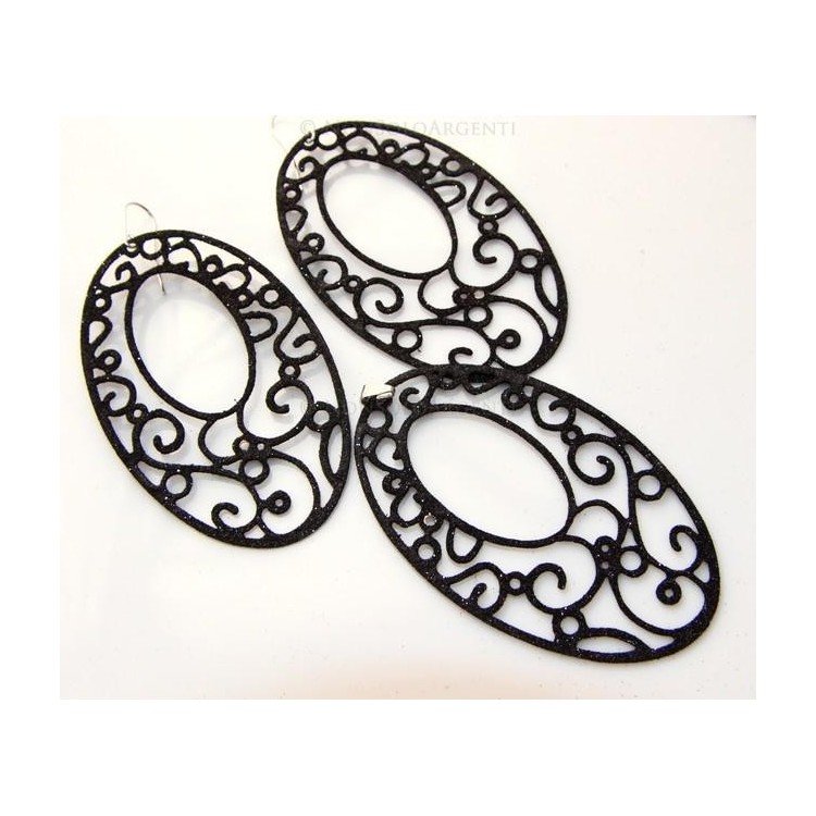 NSA|Argento 925 Italiano : Orecchini ovali taglio laser 8x5 cm trattamento glitter Nero