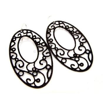 NSA|Argento 925 Italiano : Orecchini ovali taglio laser 8x5 cm trattamento glitter Nero