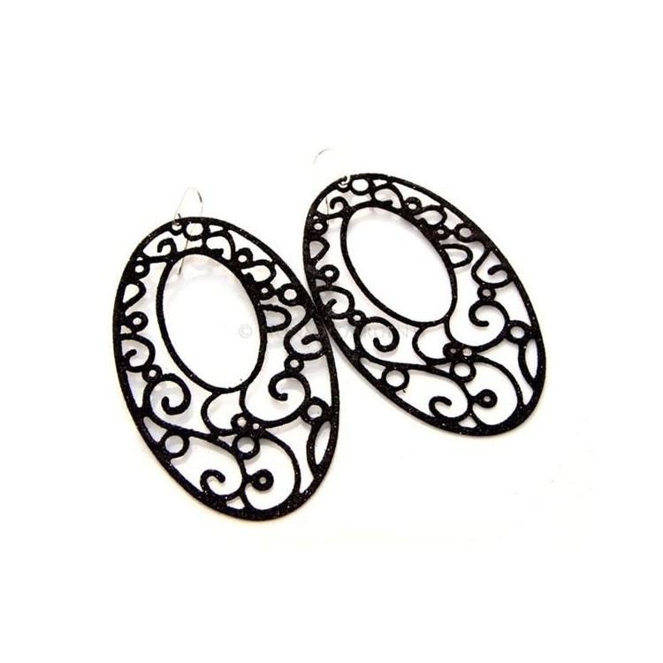 NSA|Argento 925 Italiano : Orecchini ovali taglio laser 8x5 cm trattamento glitter Nero