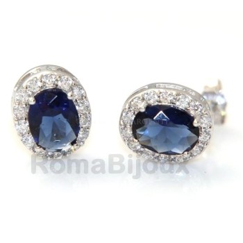 NSA|orecchini argento 925 donna bottone ovale stud pietra blu sapphire 11x9mm zirconi