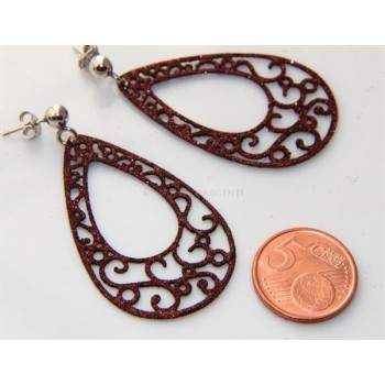 NSA|Argento 925 Italiano : Orecchini tondi taglio laser con pallina e trattamento glitter goccia Marrone bruciato