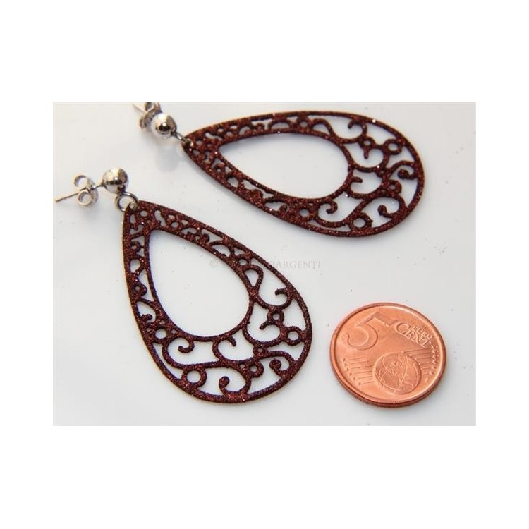 NSA|Argento 925 Italiano : Orecchini tondi taglio laser con pallina e trattamento glitter goccia Marrone bruciato