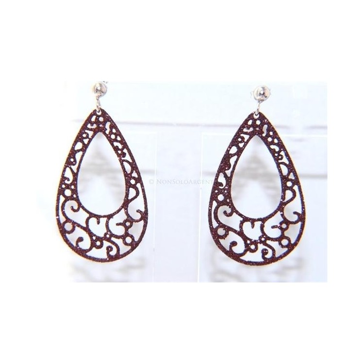 NSA|Argento 925 Italiano : Orecchini tondi taglio laser con pallina e trattamento glitter goccia Marrone bruciato