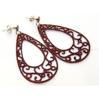 NSA|Argento 925 Italiano : Orecchini tondi taglio laser con pallina e trattamento glitter goccia Marrone bruciato