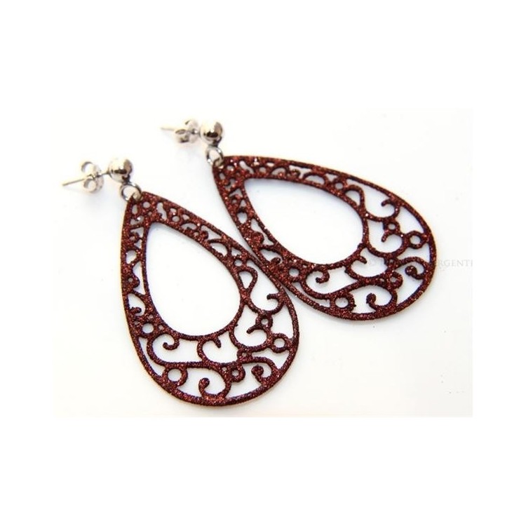 NSA|Argento 925 Italiano : Orecchini tondi taglio laser con pallina e trattamento glitter goccia Marrone bruciato